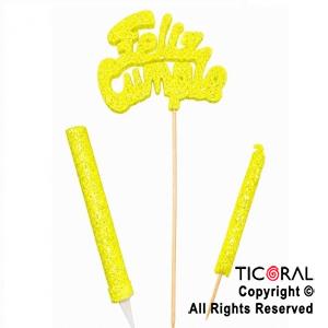 ADORNO DE TORTA SET FELIZ CUMPLE CON BENGALA Y VELA 9 CM GIBRE AMARILLO x 1